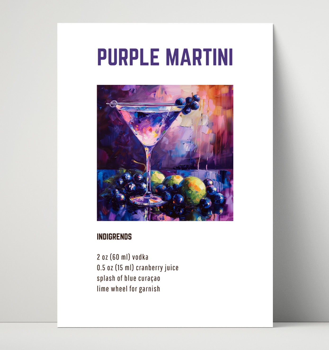 Purple Martini 16x20 Unframed Print cocktail recipe wall art print – Cocktail Recipies decor