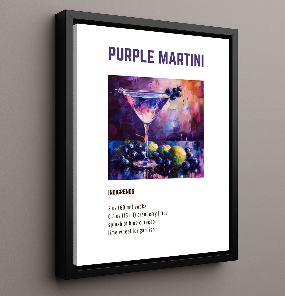 Purple Martini - Vibrant Berry Citrus Purple Cocktail - 16x20 Framed Canvas