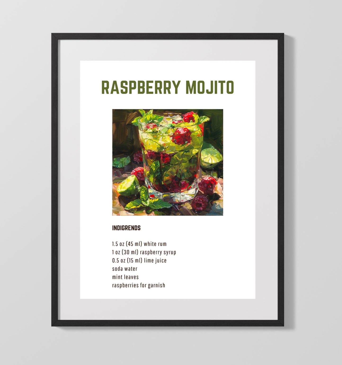 Raspberry Mojito 16x20 Unframed Print cocktail recipe wall art