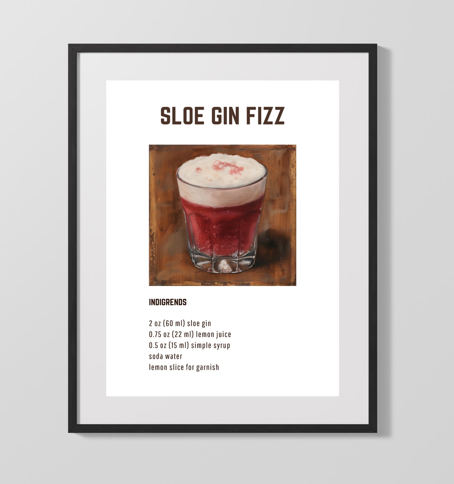 Sloe Gin Fizz 16x20 Unframed Print cocktail recipe wall art