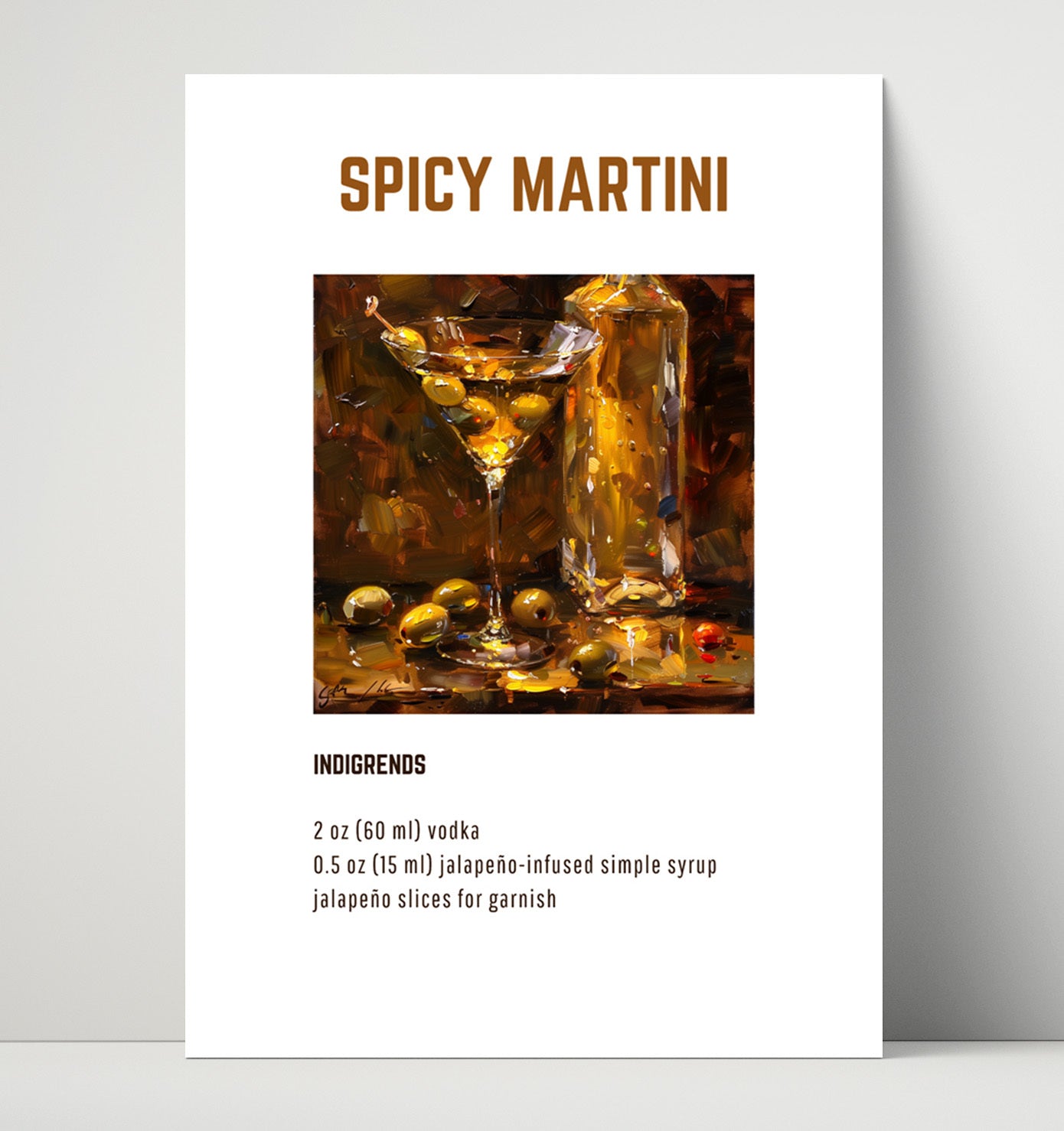 Spicy Martini 16x20 Unframed Print cocktail recipe wall art print – Cocktail Recipies decor