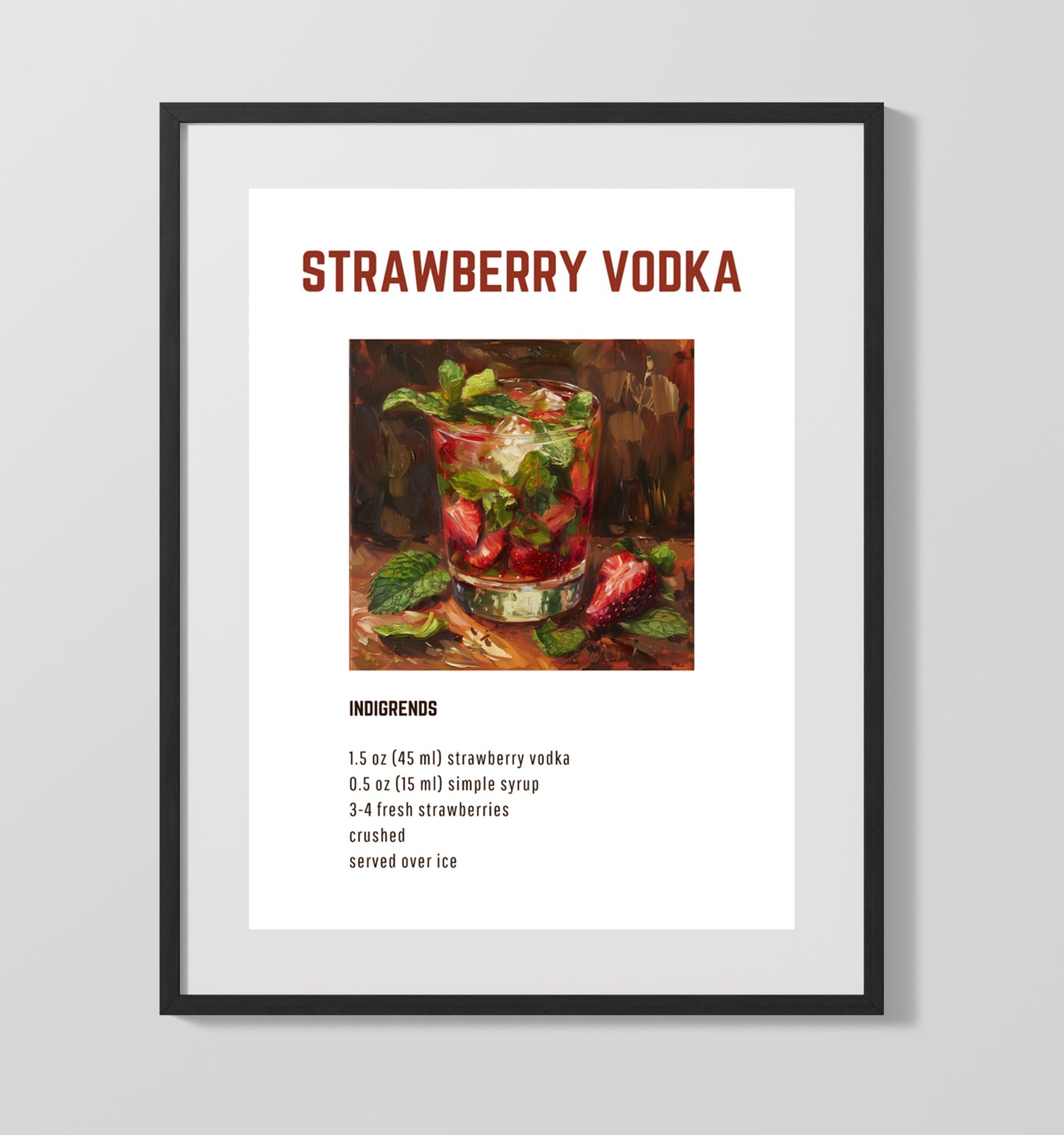 Strawberry Vodka 16x20 Unframed Print cocktail recipe wall art