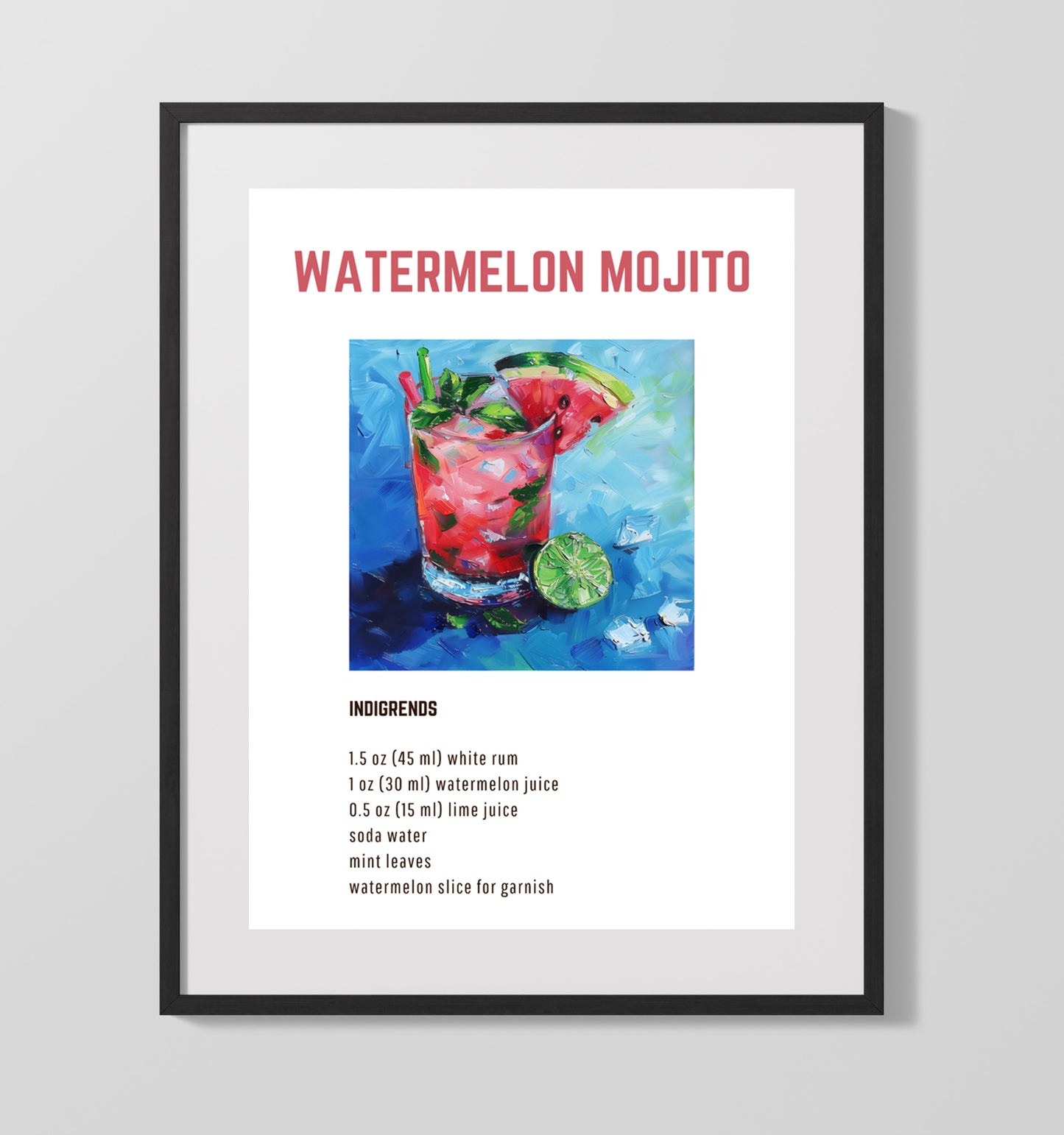 Watermelon Mojito 16x20 Unframed Print cocktail recipe wall art