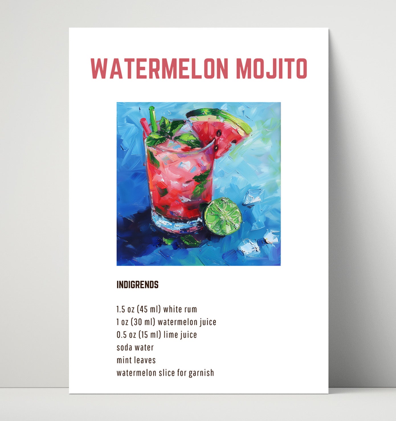 Watermelon Mojito 16x20 Unframed Print cocktail recipe wall art print – Cocktail Recipies decor
