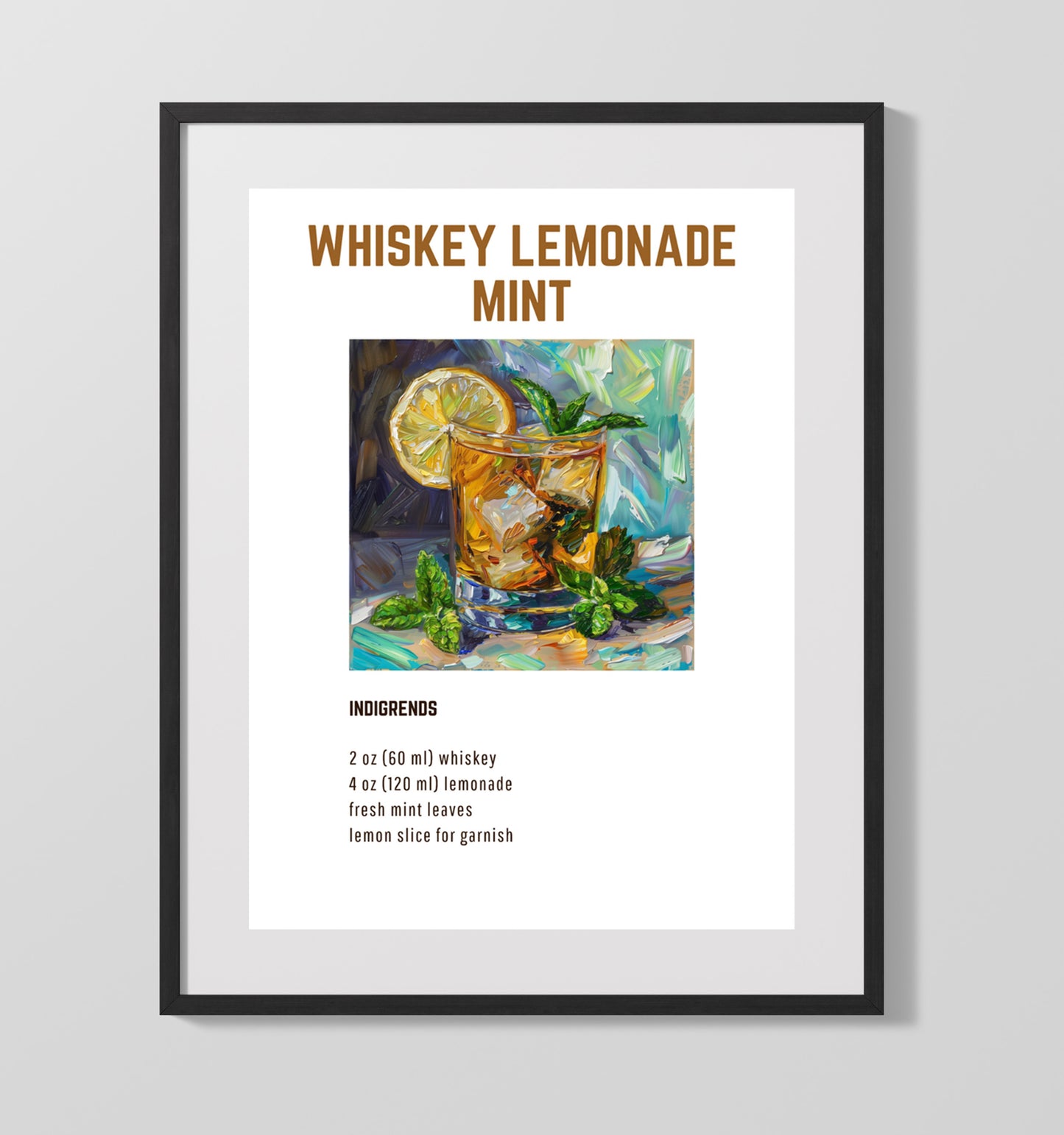 Whiskey Lemonade Mint 16x20 Unframed Print cocktail recipe wall art