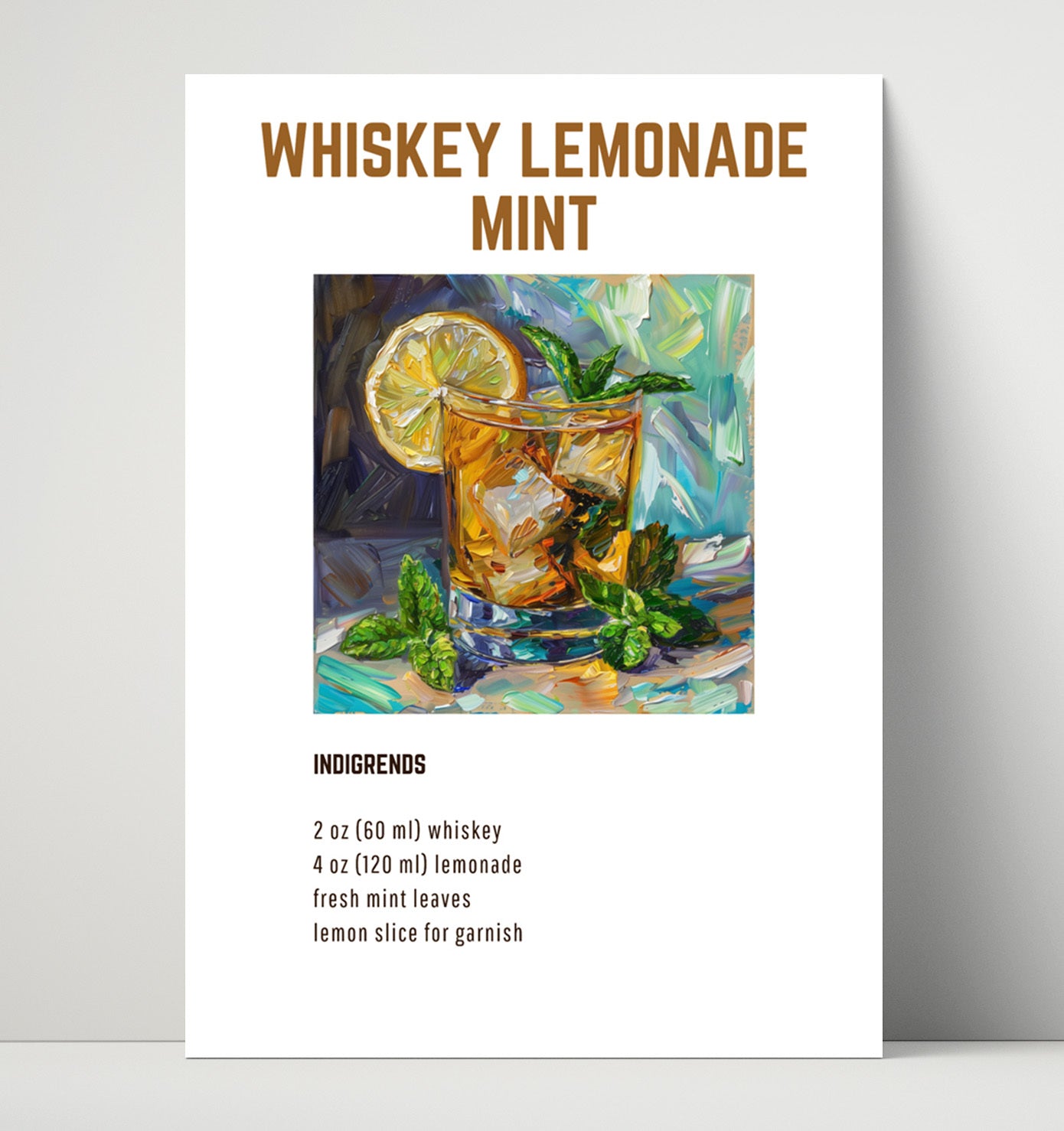 Whiskey Lemonade Mint 16x20 Unframed Print cocktail recipe wall art print – Cocktail Recipies decor