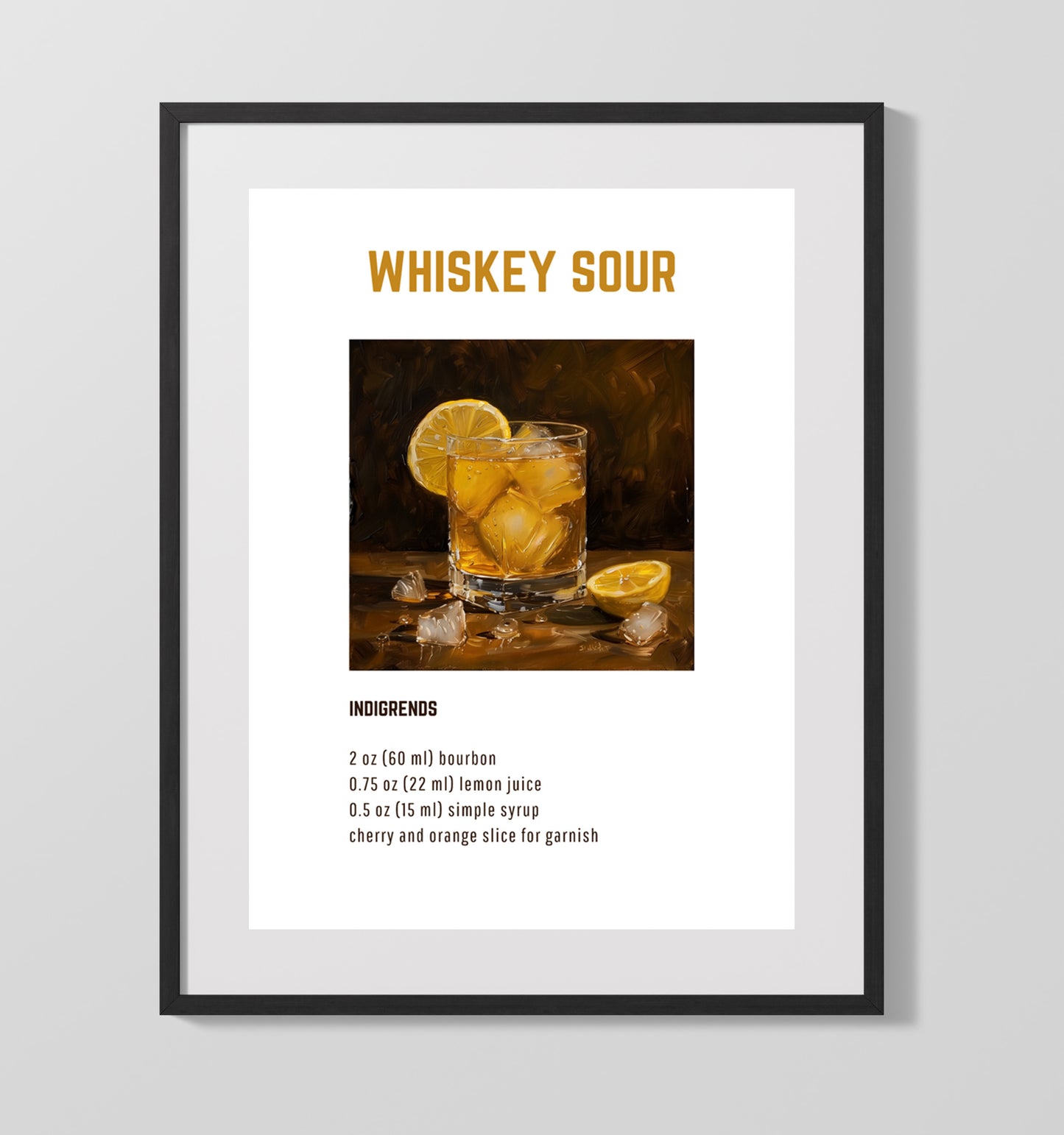 Whiskey Sour 16x20 Unframed Print cocktail recipe wall art