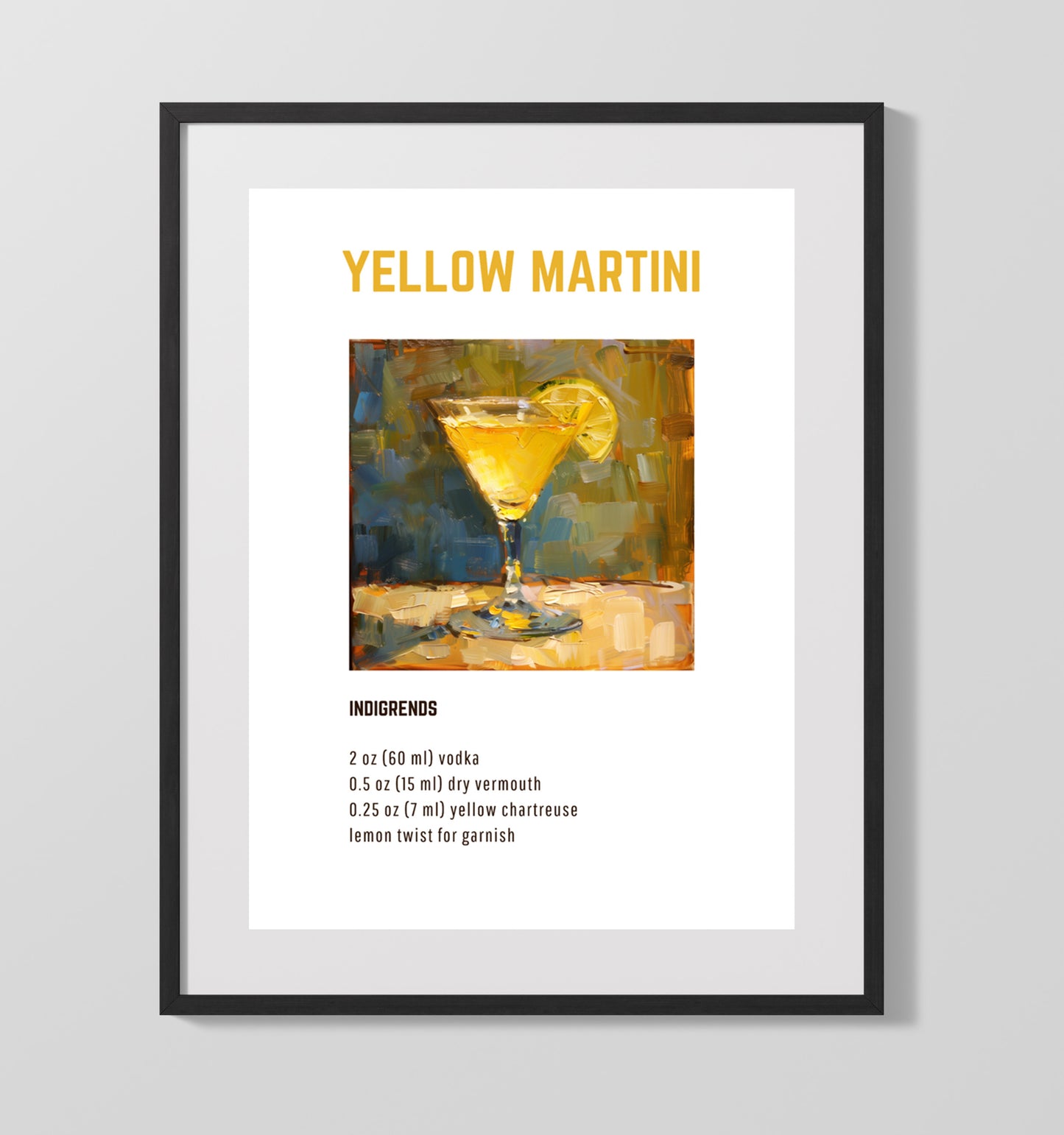 Yellow Martini 16x20 Unframed Print cocktail recipe wall art