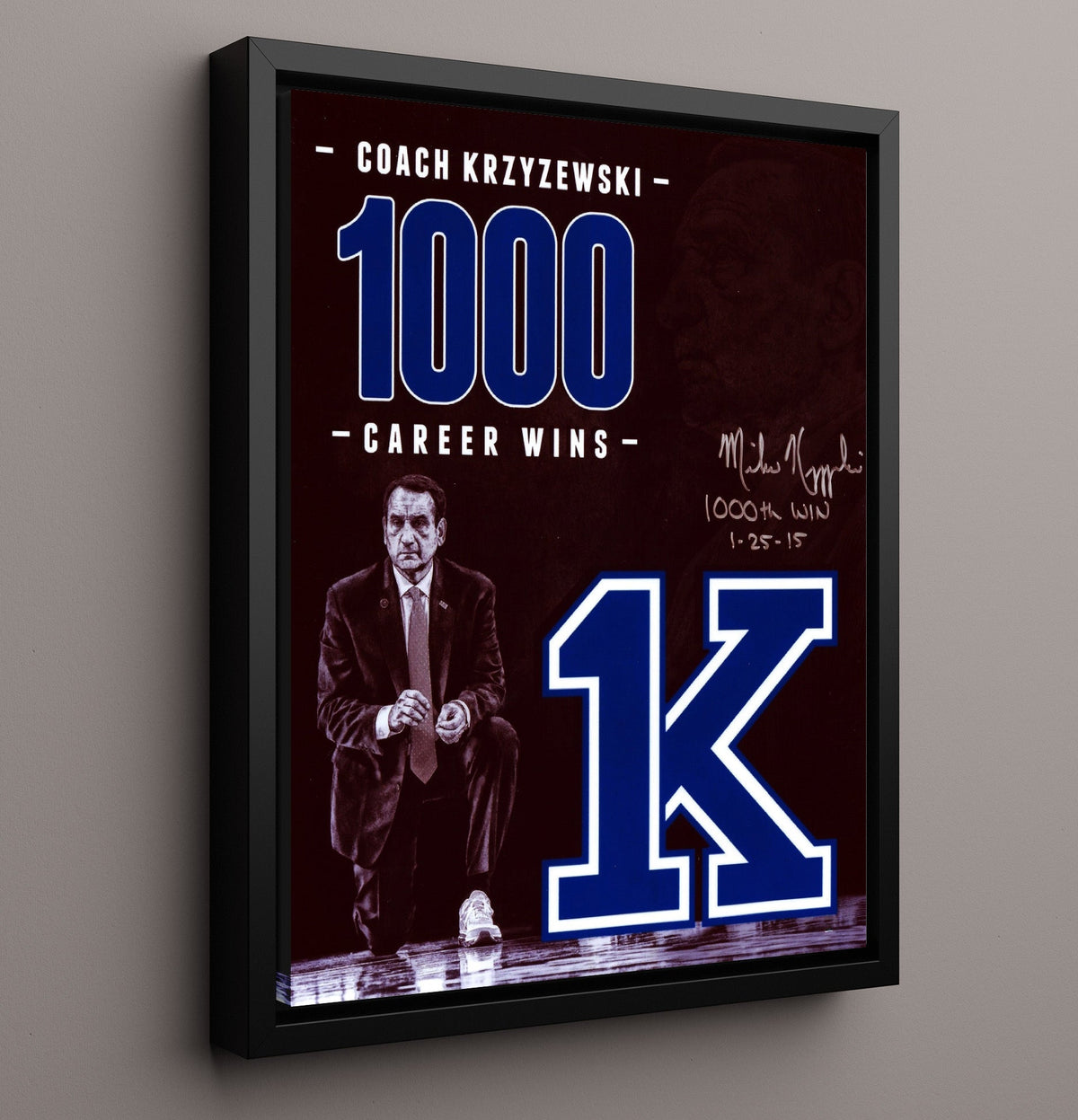 Duke Basketball Coach K 1000 Wins Courtside Focus 8x10 Framed Canvas college basketball wall art