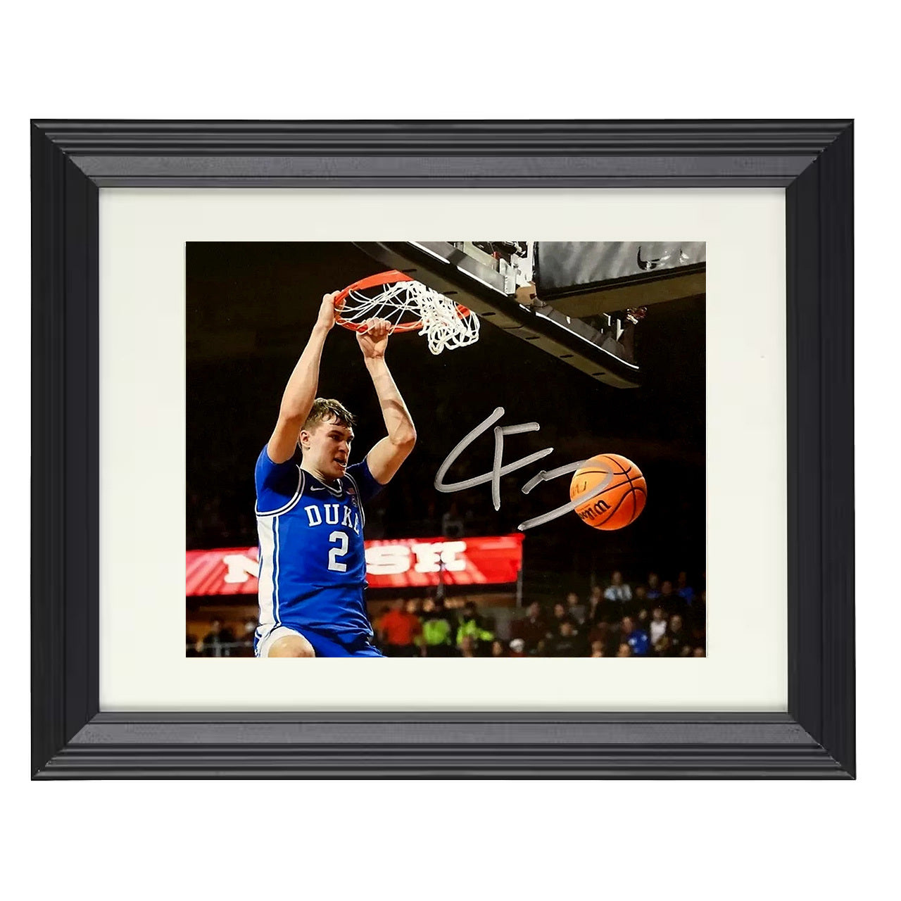 Duke – Cooper Flagg Rim Hang Dunk – 8x10 black beveled framed college basketball wall art