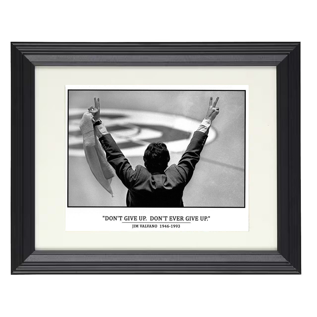 NC State – Jim Valvano Dont Ever Give Up Celebration – 8x10 black beveled framed college basketball wall art