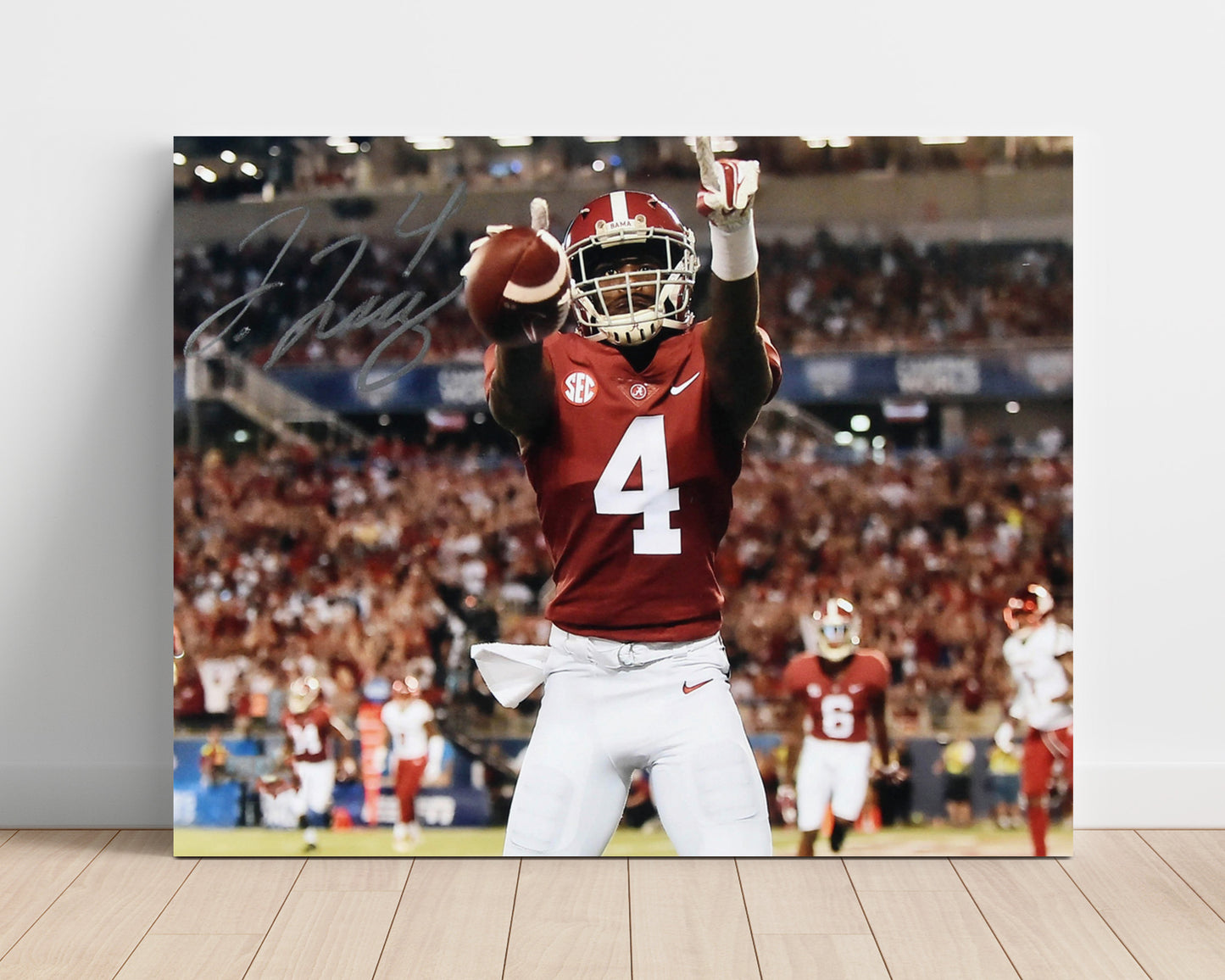 Alabama Football Jerry Jeudy End Zone Signal College Football Wall Art 16x20 Unframed Print wall art print – College Football decor