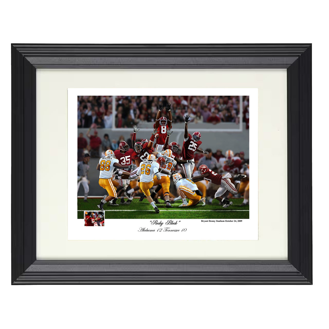 Alabama Rocky Block Field Goal Block vs Tennessee 2009 8x10 black beveled frame college football wall art