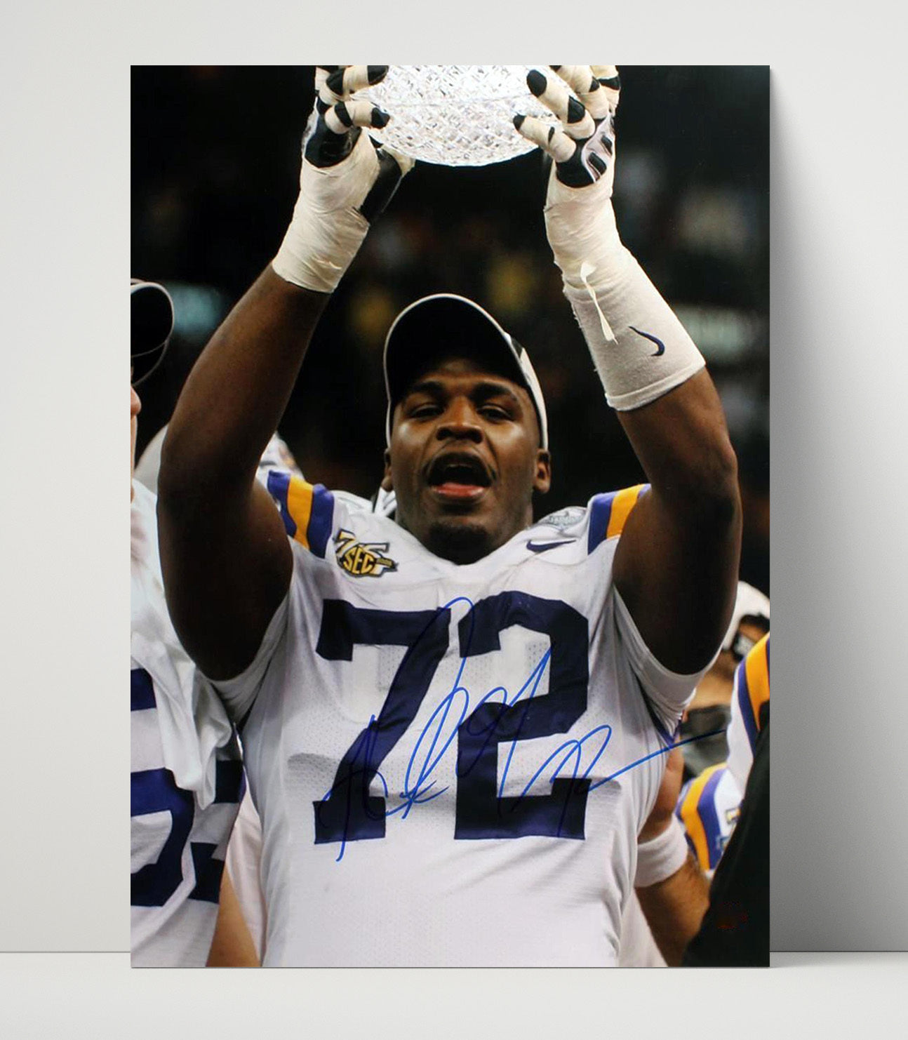 LSU Football Glenn Dorsey Trophy Celebration Crystal Glory College Football Wall Art 16x20 Unframed Print wall art print – College Football decor