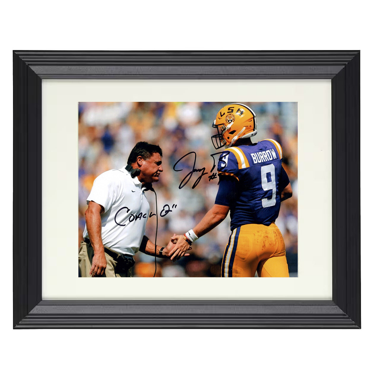 LSU Joe Burrow and Ed Orgeron Championship Sideline Moment 8x10 black beveled frame college football wall art