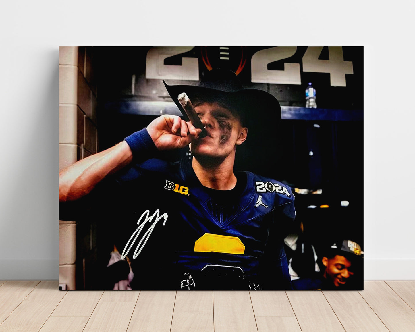 Michigan Football JJ McCarthy Cigar CelebrationVictory Smoke College Football Wall Art 16x20 Unframed Print wall art print – College Football decor