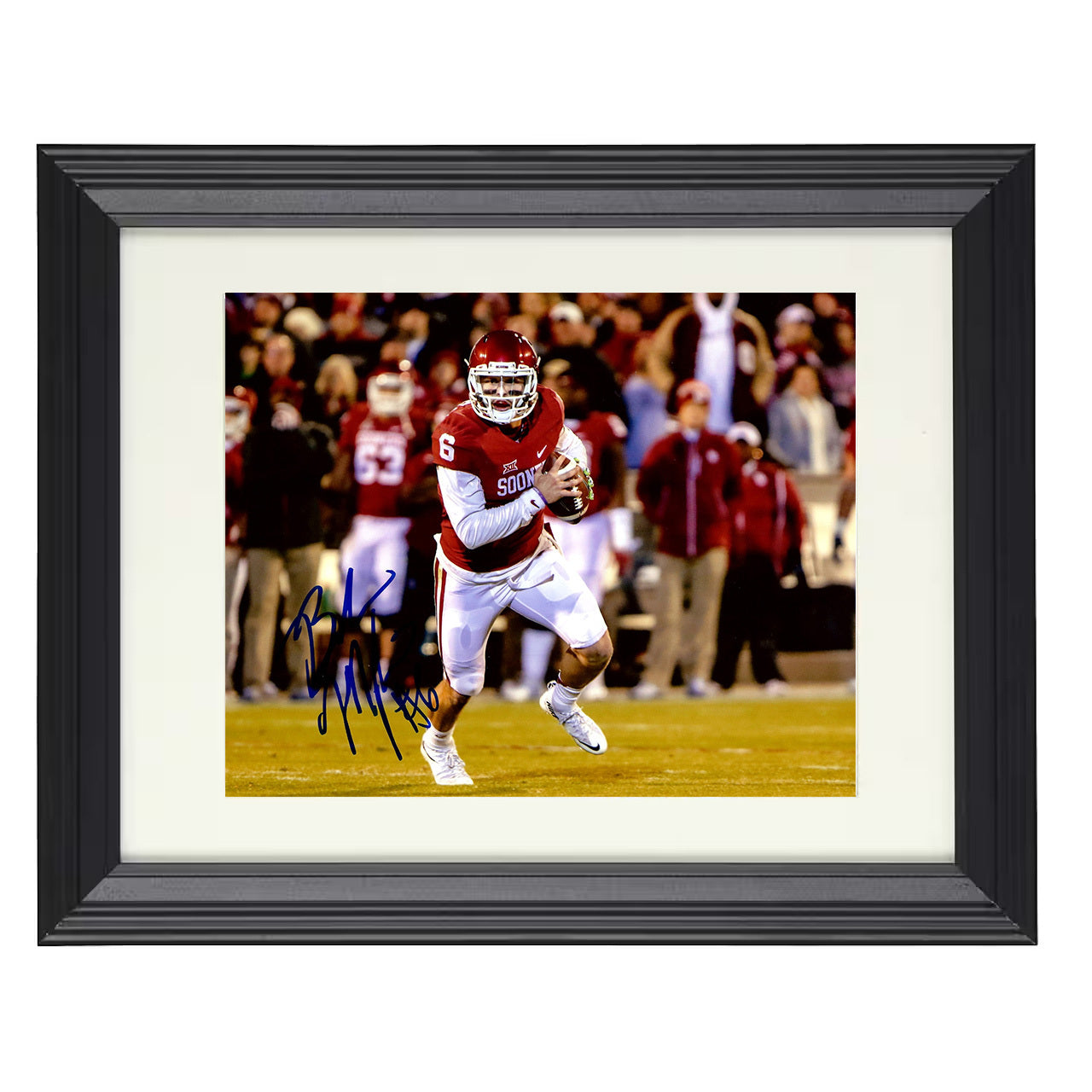Oklahoma Baker Mayfield Sideline Emotion Crowd Hype 8x10 black beveled frame college football wall art