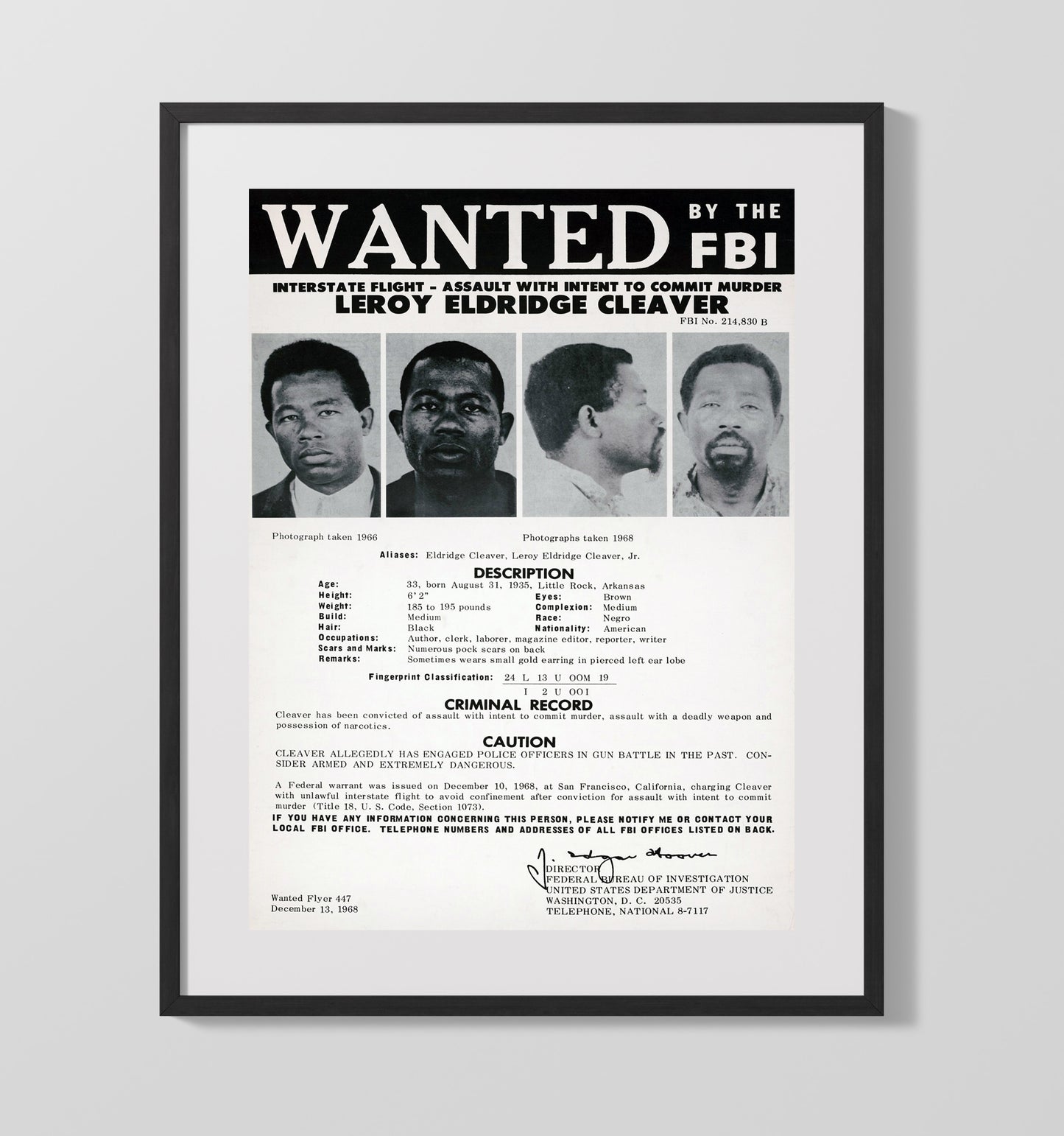 Eldridge Cleaver FBI Wanted Poster 16x20 Gallery Frame counterculture wall art