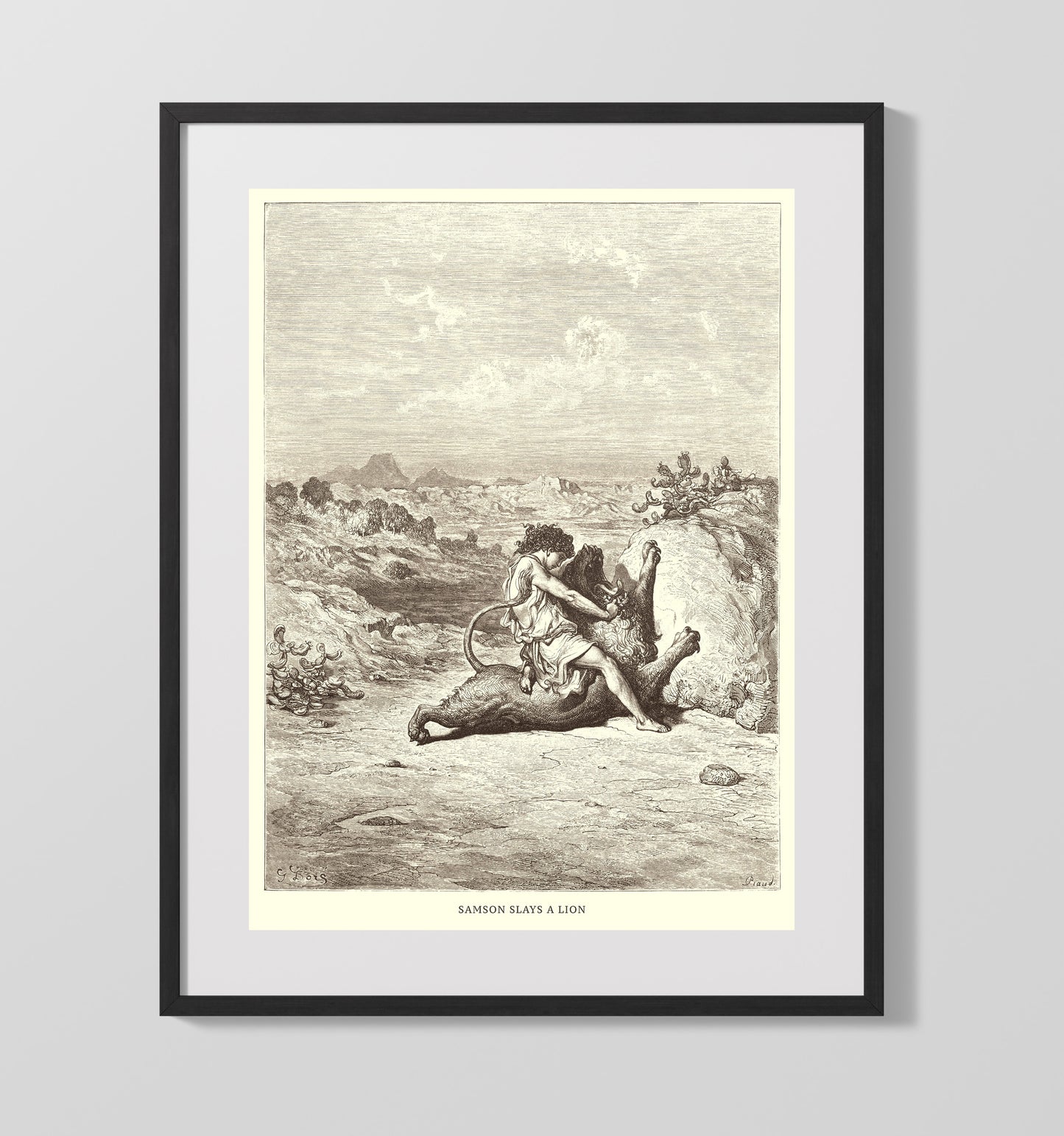 Samson Slays a Lion Judges 14:5-6 by Gustave Doré 16x20 Gallery Frame Bible illustration wall art