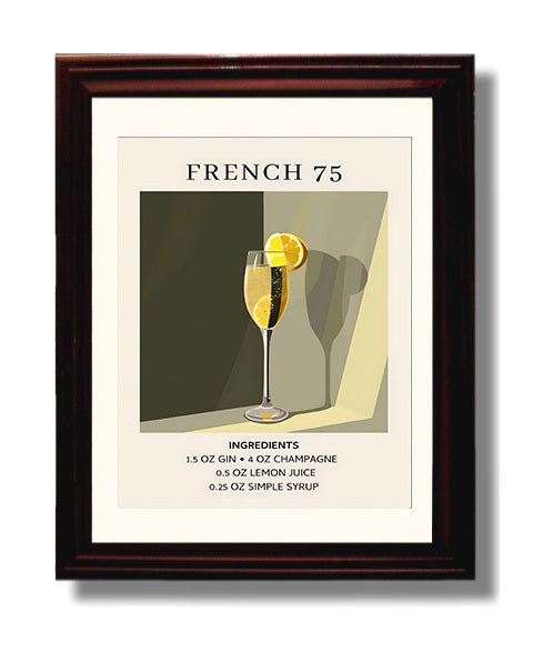 French 75 8x10 Black Matted Beveled Frame cocktail recipe wall art