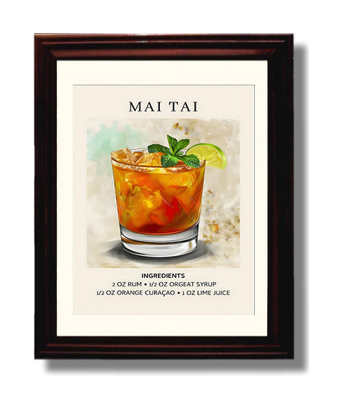 Mai Tai 8x10 Black Matted Beveled Frame cocktail recipe wall art