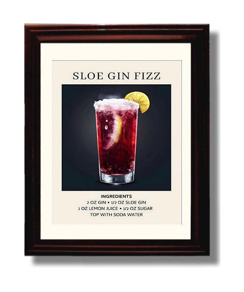 Sloe Gin Fizz 8x10 Black Matted Beveled Frame cocktail recipe wall art