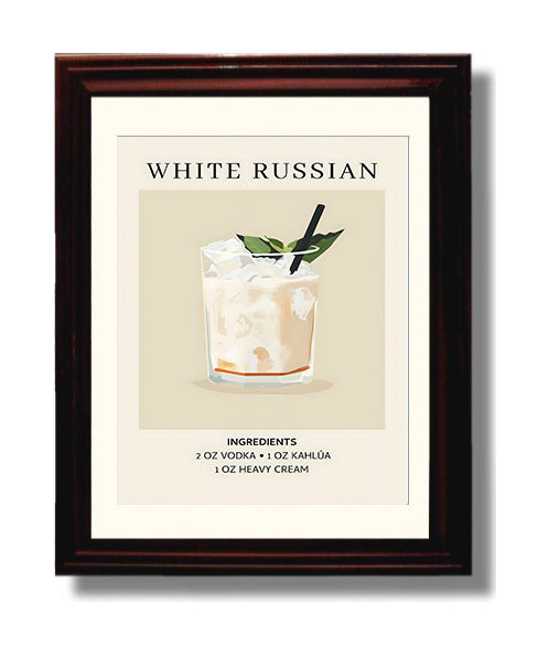 White Russian 8x10 Black Matted Beveled Frame cocktail recipe wall art