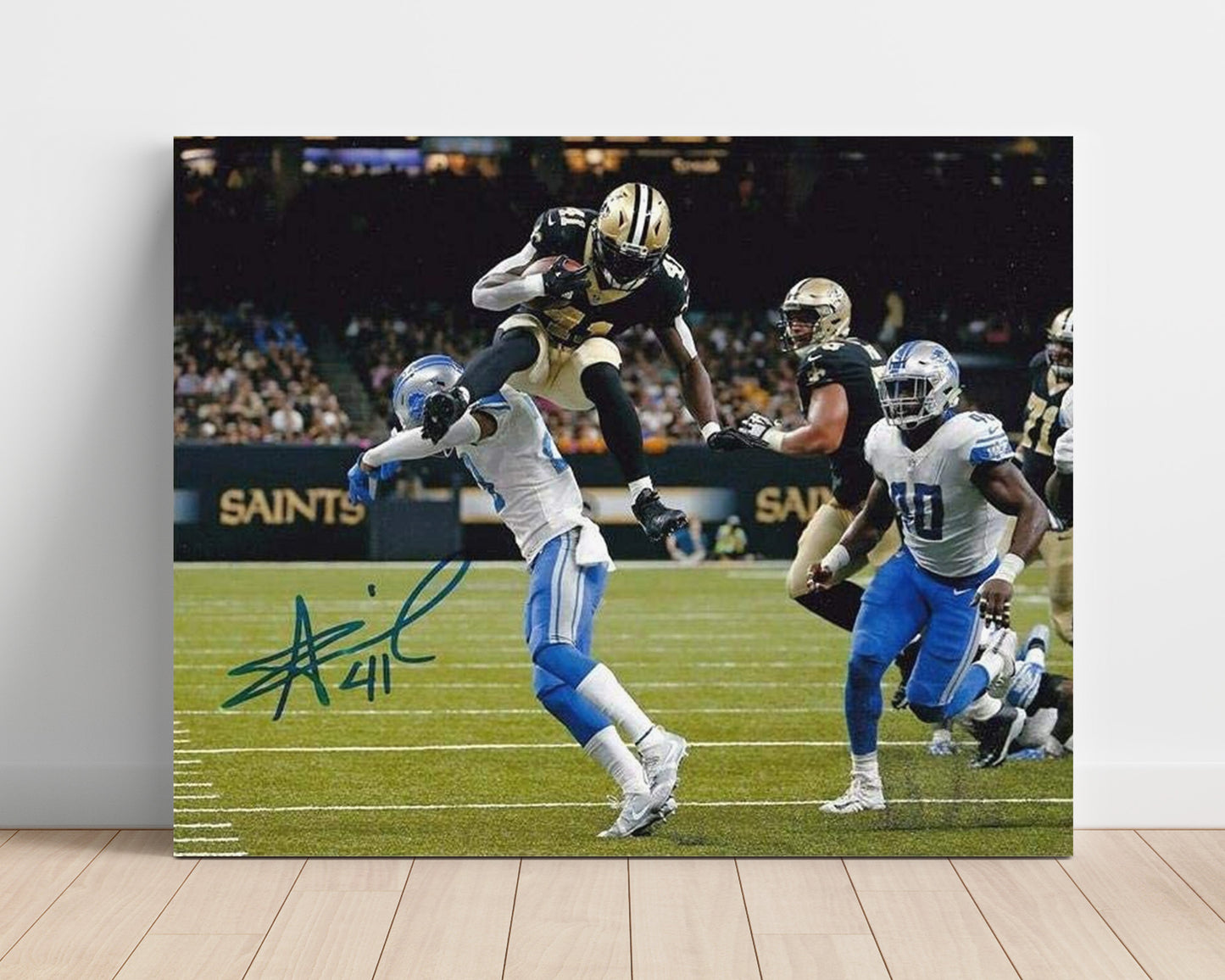 Alvin Kamara - New Orleans Football Leap Over Defender Football Wall Art - football wall art print
