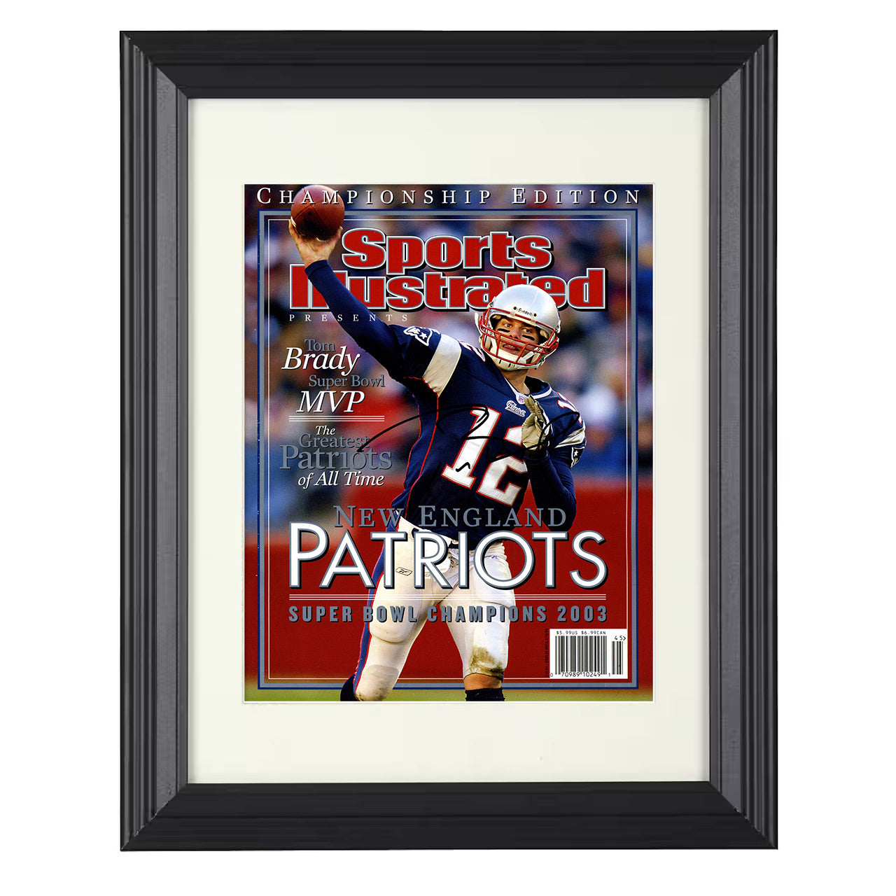 Brady – New England Championship Commemorative 2003 SI – 8x10 black beveled framed football wall art