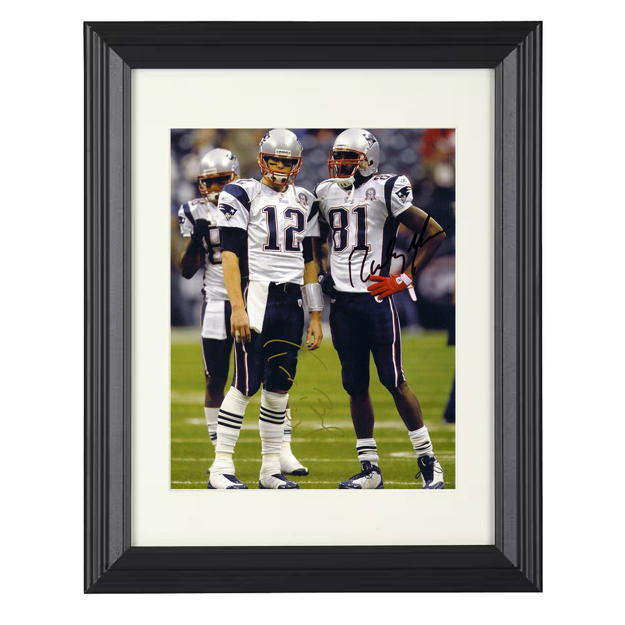 Brady and Moss – Dynamic Duo Image – 8x10 black beveled framed football wall art