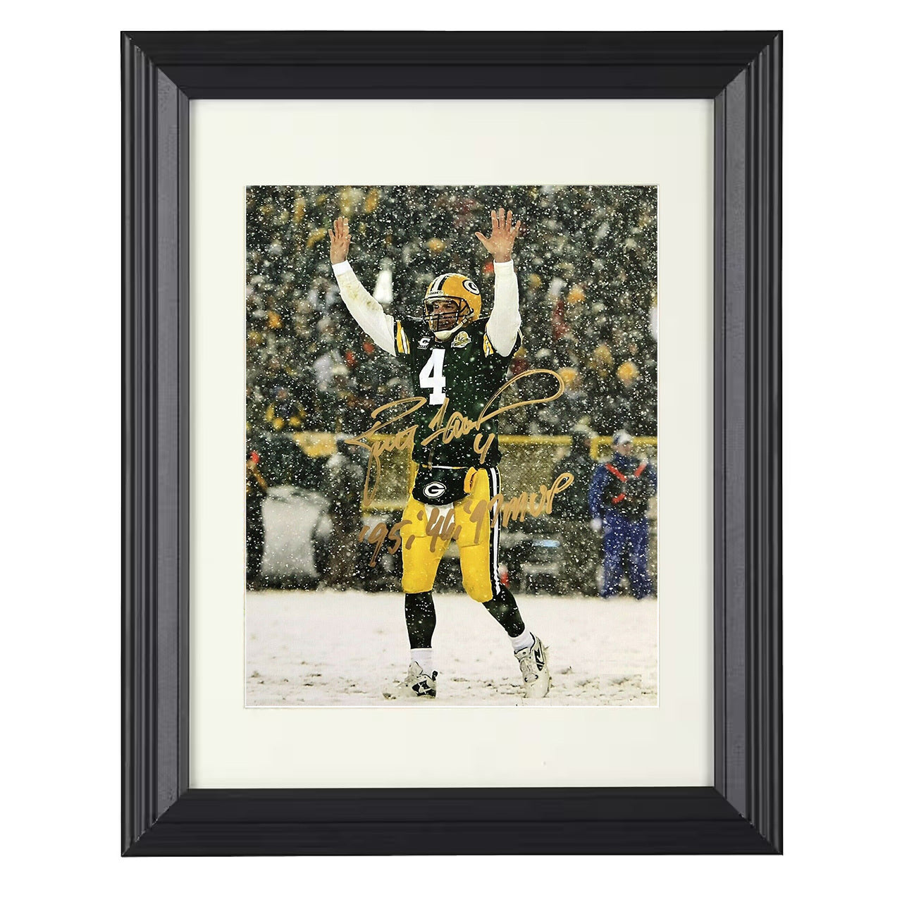 Brett Favre – Green Bay Snow Game Celebration Lambeau Field – 8x10 black beveled framed football wall art