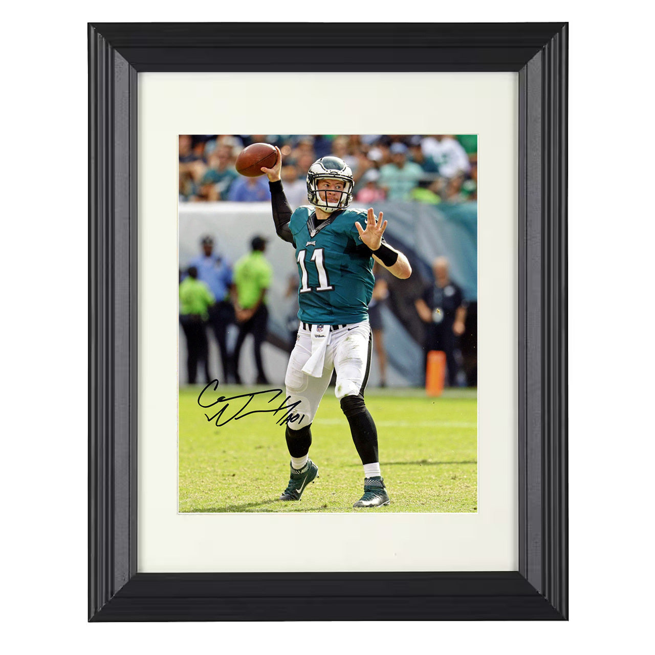 Carson Wentz – Philadelphia QB Passing Action – 8x10 black beveled framed football wall art