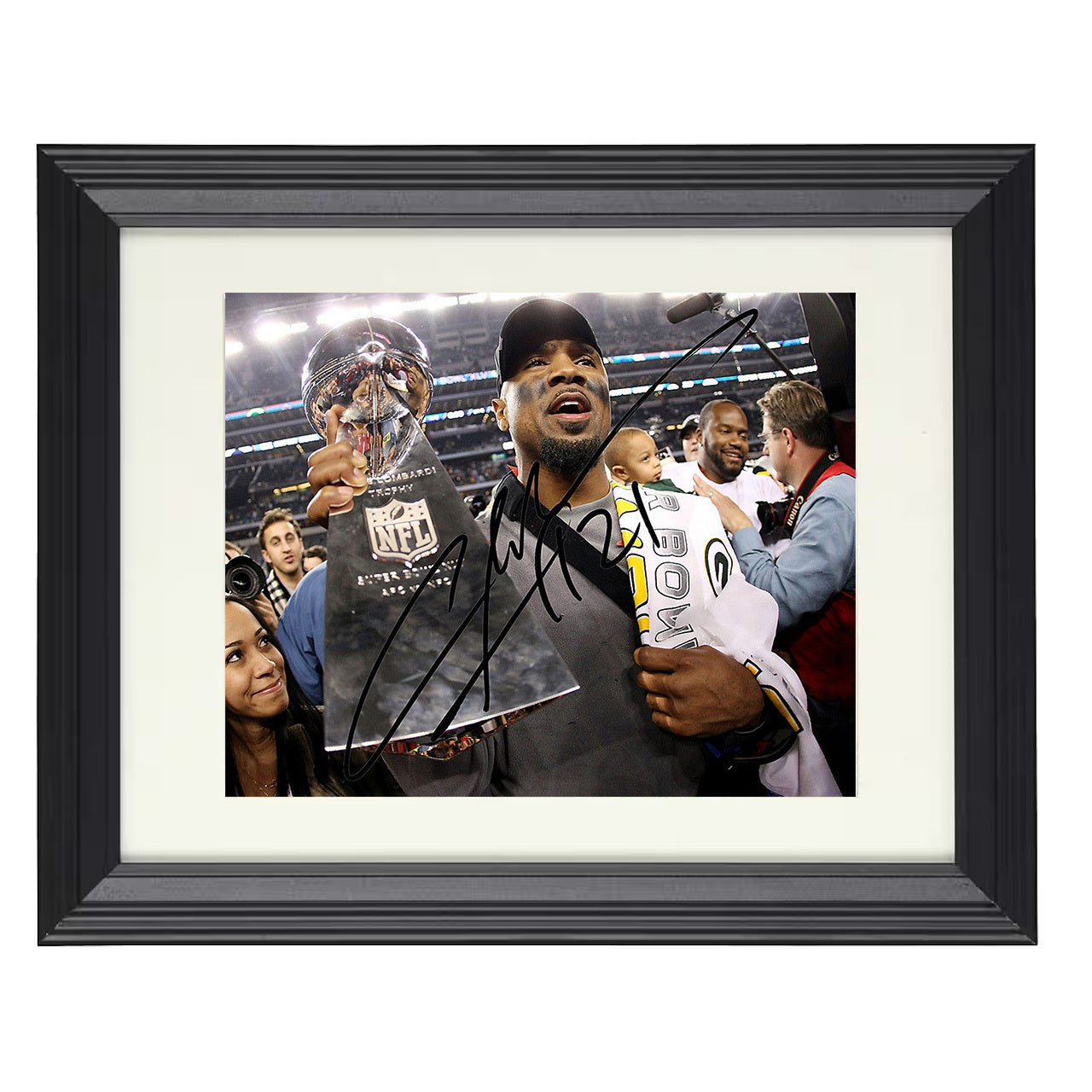 Charles Woodson – Green Bay Super Bowl Trophy Celebration – 8x10 black beveled framed football wall art