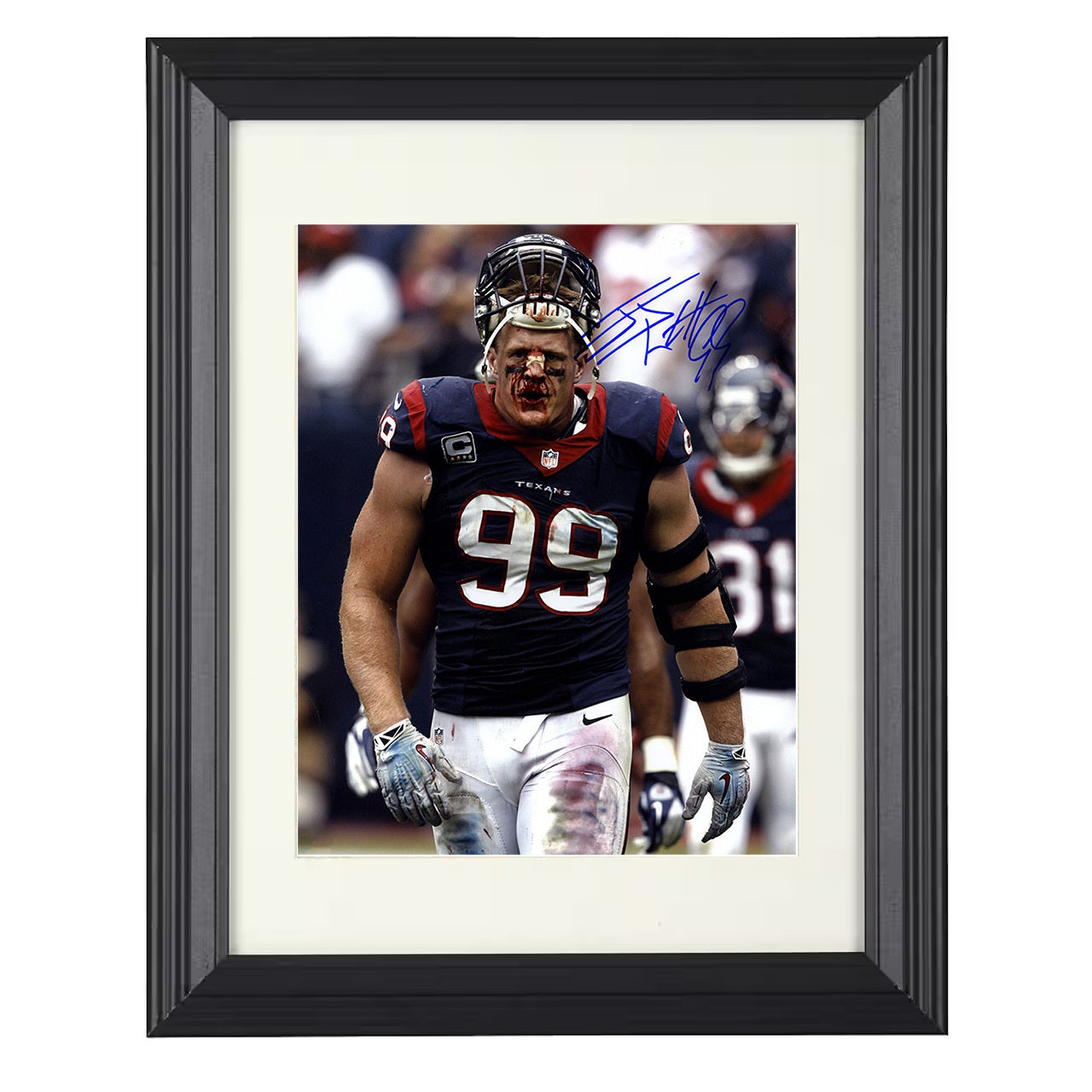 JJ Watt – Houston Defense End Bloodied Face Game Moment – 8x10 black beveled framed football wall art