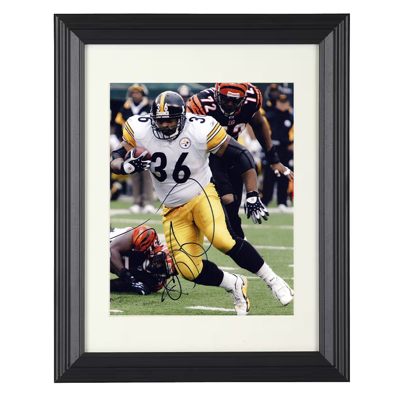Jerome Bettis – Pittsburgh Power Rush Through Line – 8x10 black beveled framed football wall art