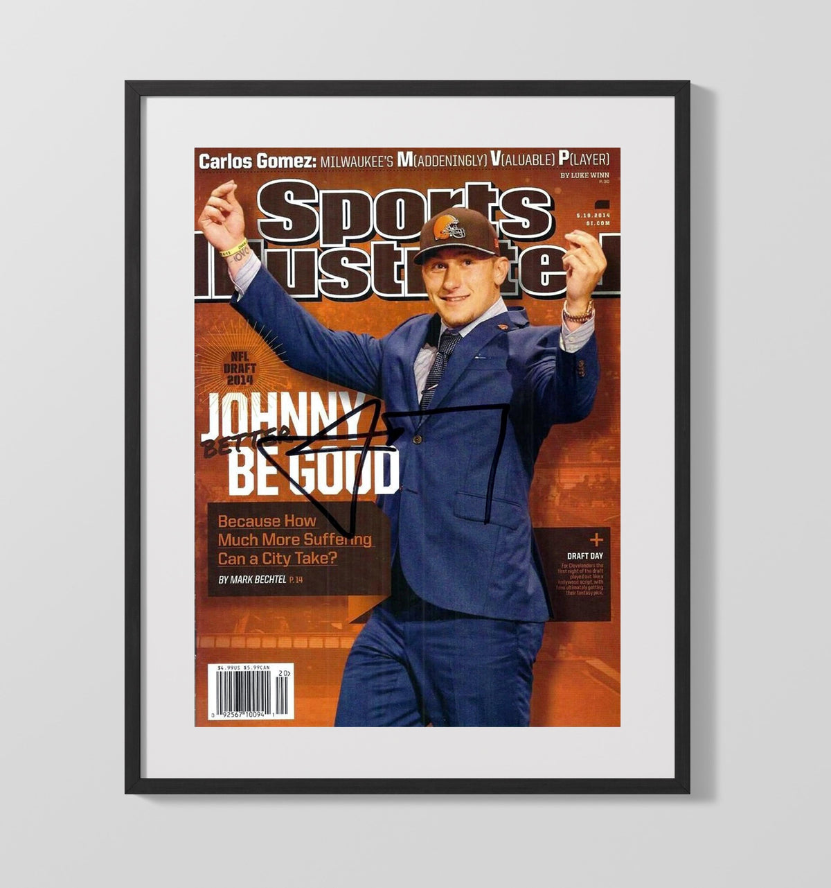 Johnny Manziel - Cleveland Football NFL Draft 2014 First Round Celebration 2014 SI Cover - Vintage Football Wall Art - Football Framed Print
