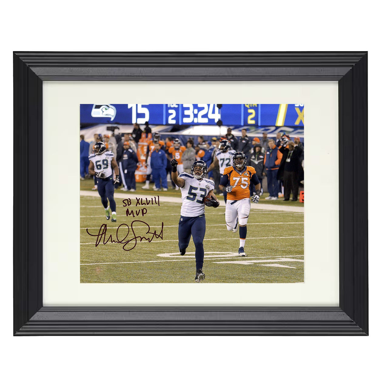 Malcolm Smith – Super Bowl XLVIII Interception Return 2014 – 8x10 black beveled framed football wall art