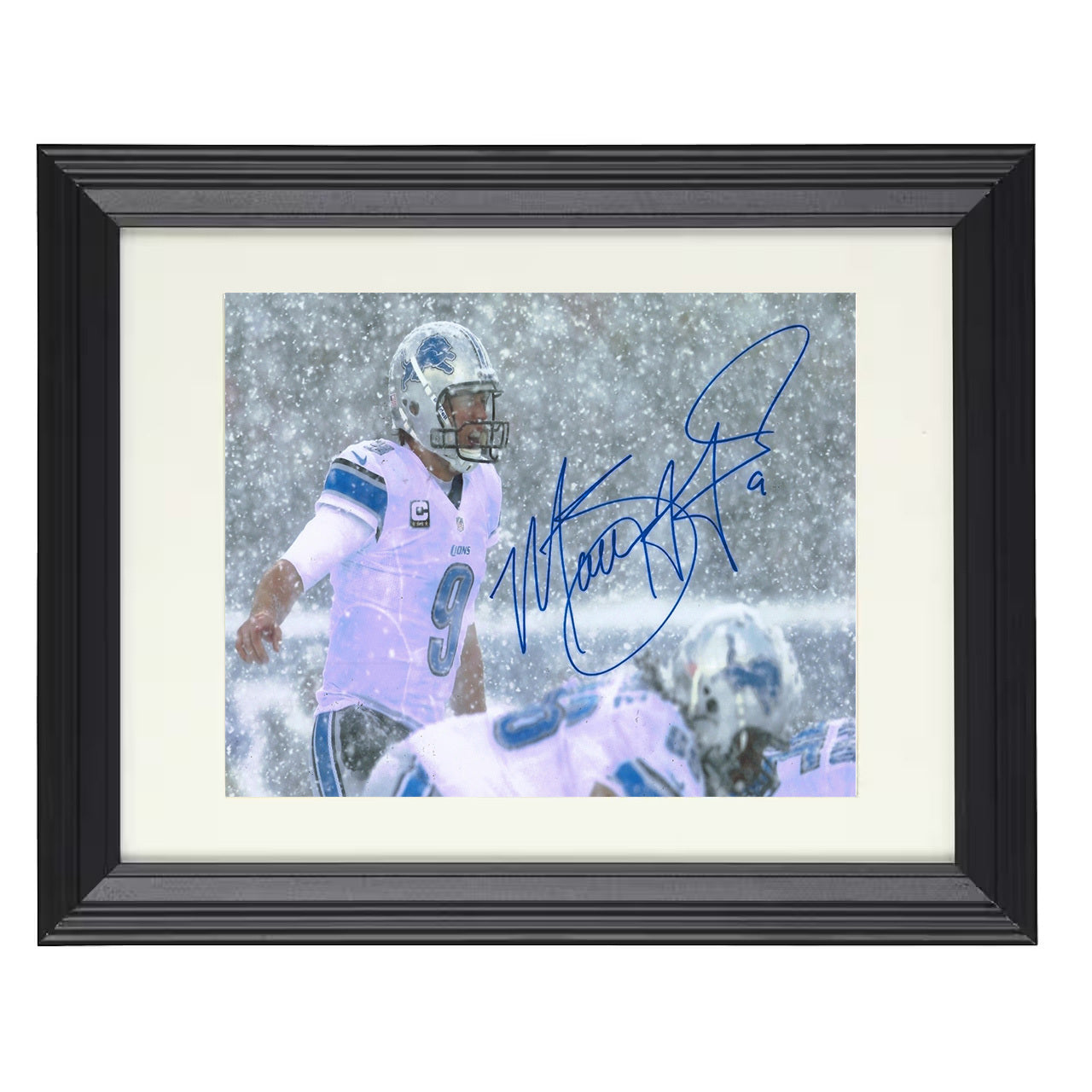 Matthew Stafford – Snow Game Grit – 8x10 black beveled framed football wall art