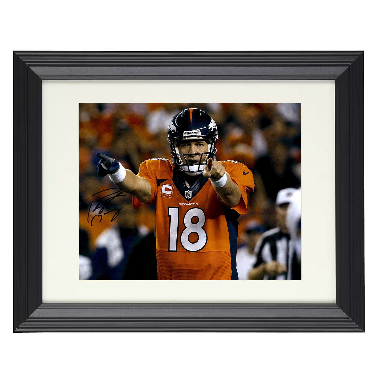 Peyton Manning – Denver QB Double Point Signal – 8x10 black beveled framed football wall art