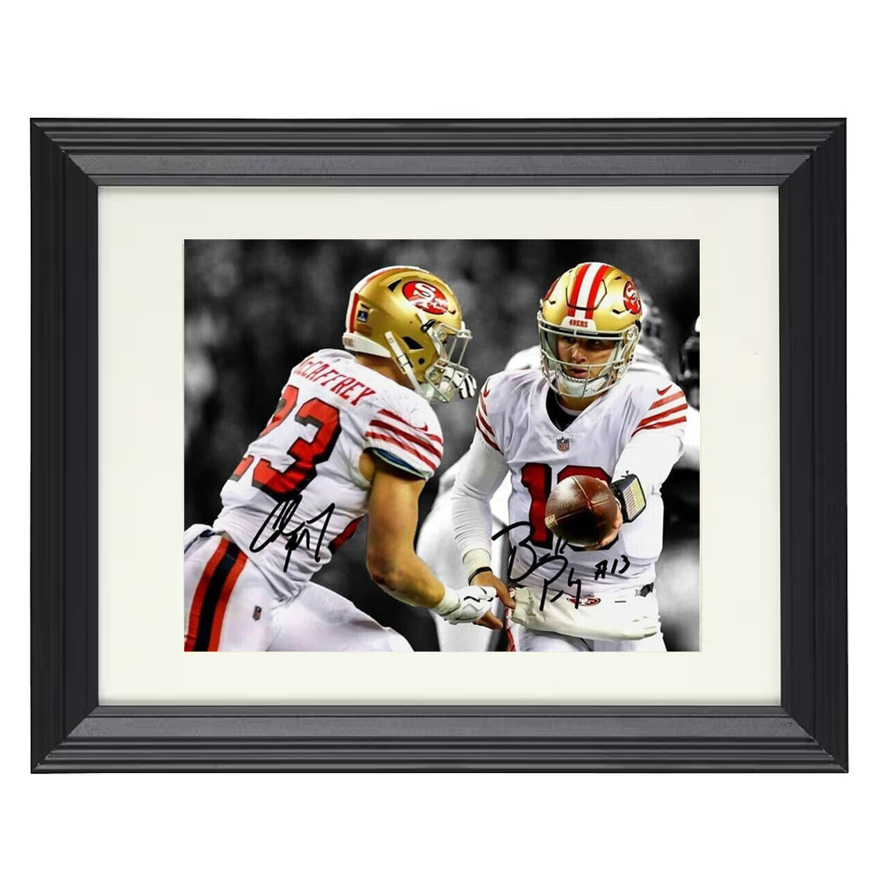 Purdy and McCaffrey – 49ers Dynamic Duo – 8x10 black beveled framed football wall art
