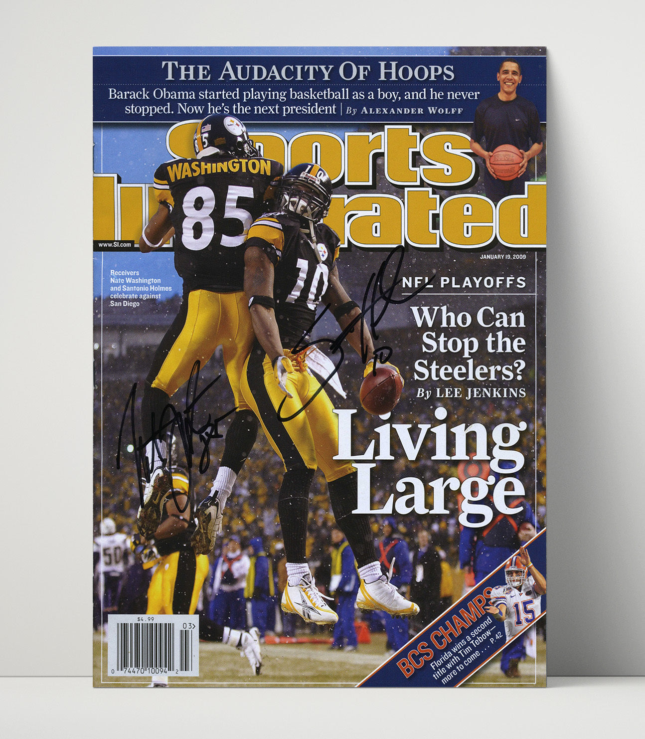 Santonio Holmes and Nate Washington - Pittsburgh football Living Large Playoff Celebration 2009 SI Cover football wall art 16x20 Unframed Print