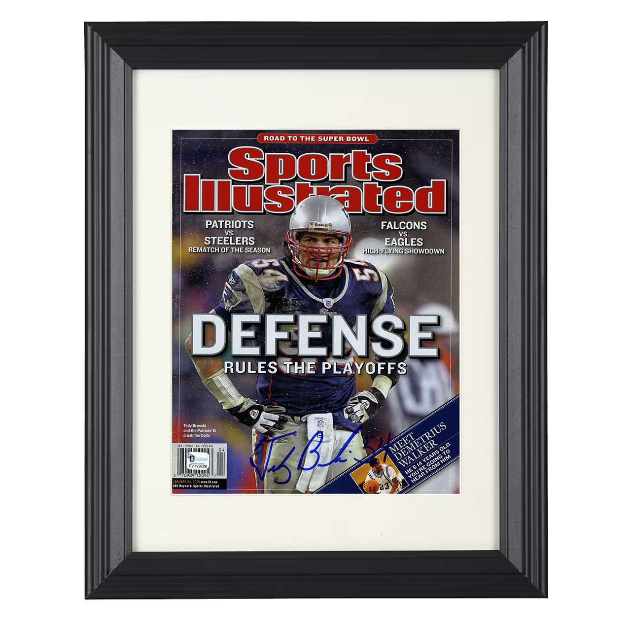 Tedy Bruschi – New England Rules the Playoffs 2005 SI – 8x10 black beveled framed football wall art