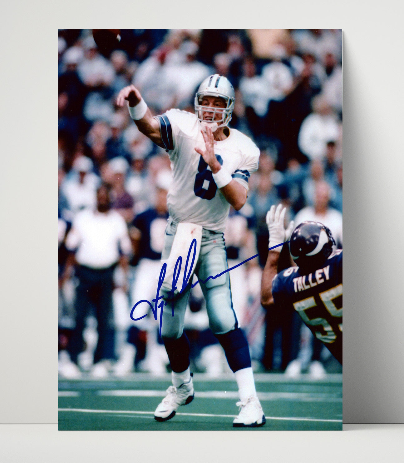 Troy Aikman - Dallas football Quarterback Pass Follow Through Versus Buffalo football Defender football wall art 16x20 Unframed Print
