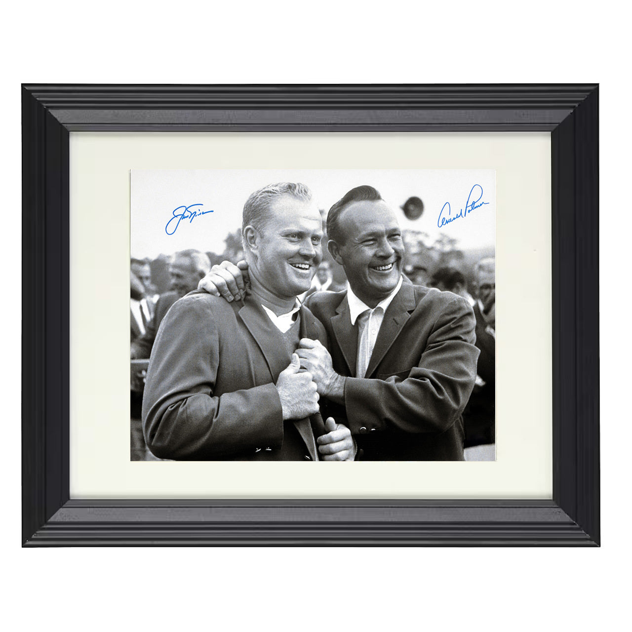 Jack Nicklaus and Arnold Palmer – Historic Champions Embrace 8x10 matted black framed golf wall art