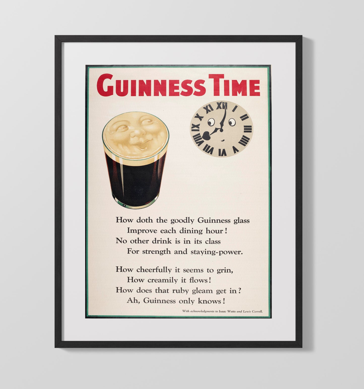 Guinness Time - Clock and Pint 16x20 Gallery Frame vintage Guinness beer poster wall art