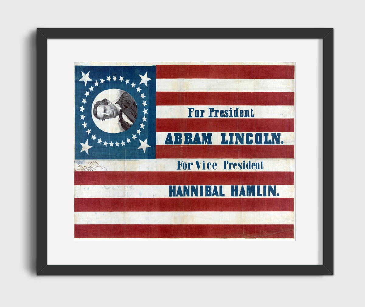 Abraham Lincoln and Hannibal Hamlin - Campaign Flag Poster 1860 16x20 Gallery Frame history wall art