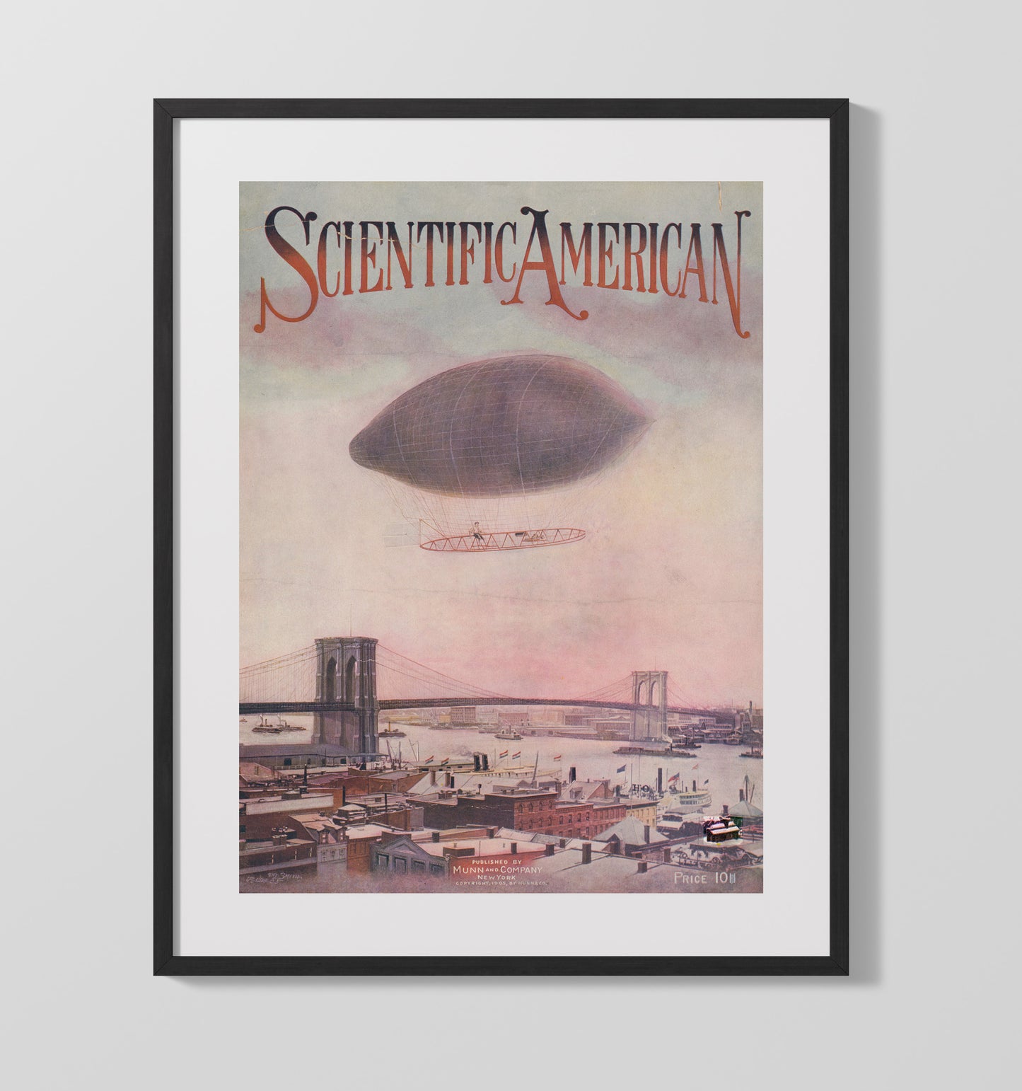 Airship Over Brooklyn Bridge - Scientific American Cover 1905 16x20 Gallery Frame history wall art