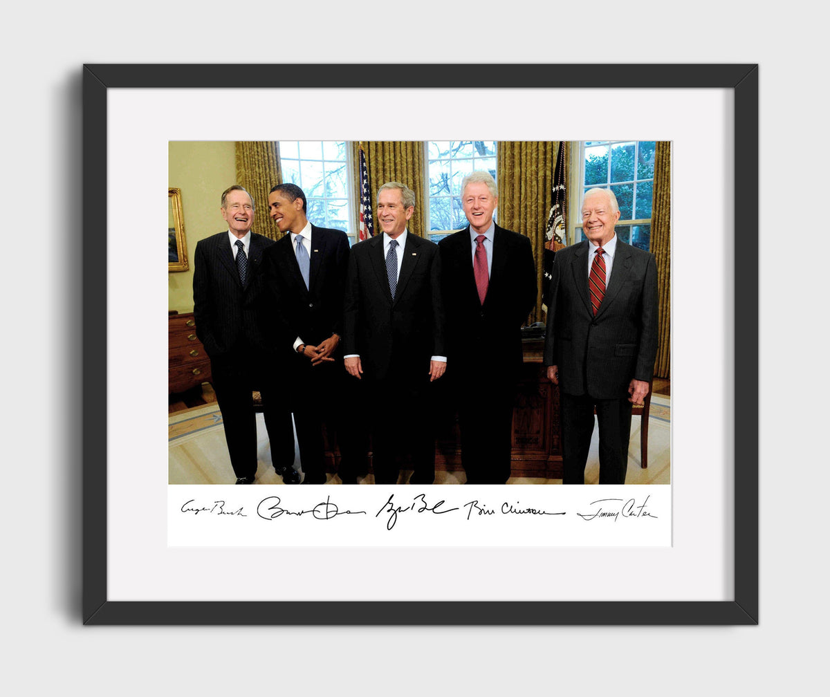 George H. W. Bush, Barack Obama, George W. Bush, Bill Clinton and Jimmy Carter - Presidents United in the Oval Office 2009 16x20 Gallery Frame history wall art
