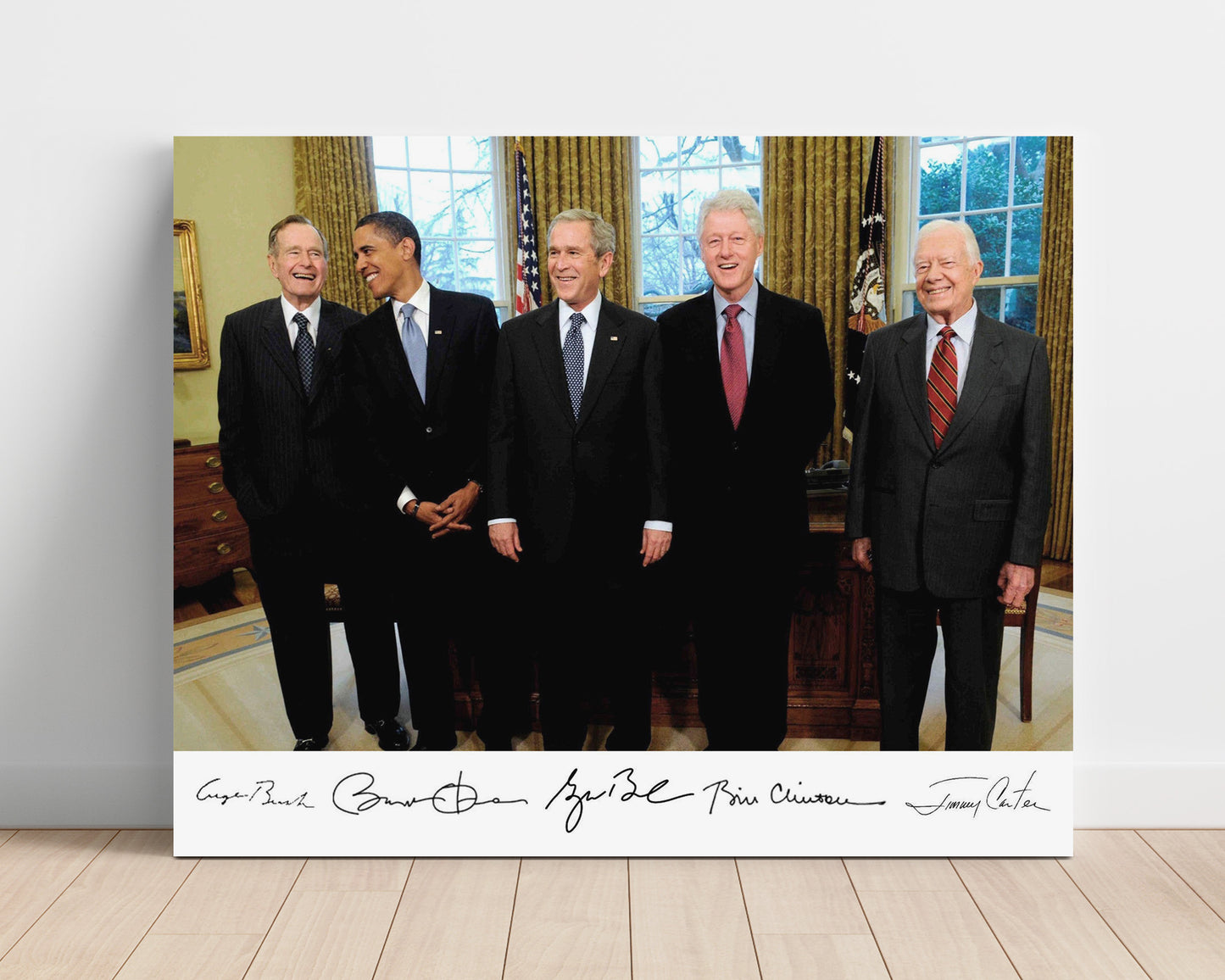 Historical - George H. W. Bushbarack Obamageorge W. Bushbill Clinton And Jimmy Carter - Presidents United In The Oval Office 2009 - Landscape History Wall Art