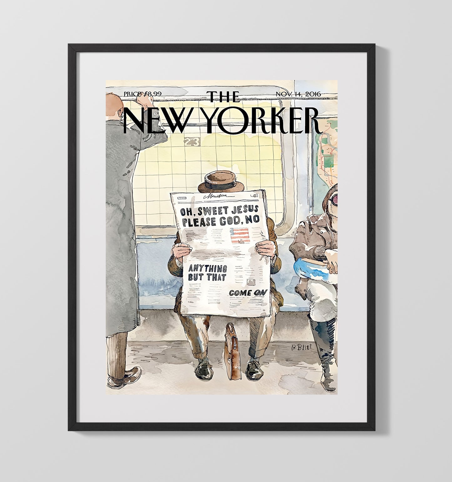 Magazine Cover Illustration - New Yorker Election Commentary Subway Scene 2016 16x20 Gallery Frame history wall art